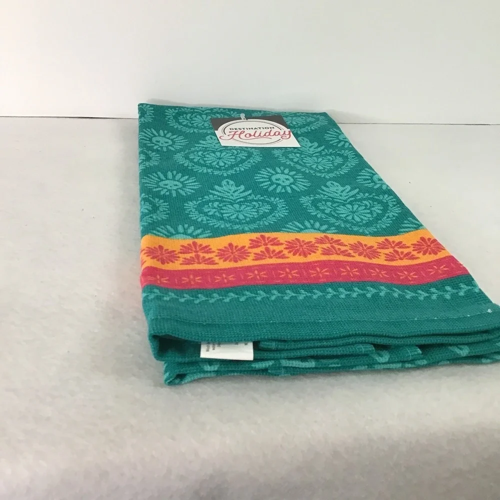 Day of Dead Pair of Kitchen Towels Deep‎ Teal Flame Heart Destination Holiday